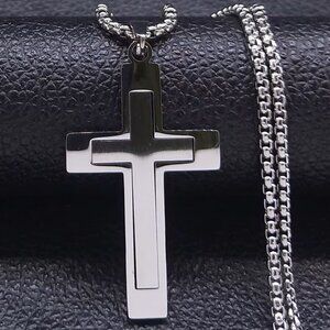 3D Cross Design Crucifix Stainless Steel Silver Color Pendant 23" Chain Jewelry